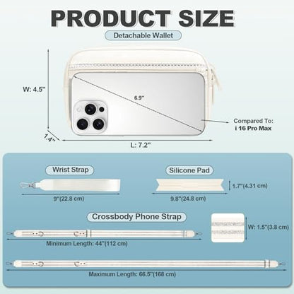YFWE Clip and Go Strap for Phone with Wallet Crossbody, Adjustable Phone Lanyard with Detachable RFID Wristlet Wallet, Pattern Strap - Cream&Silver (L) - color: Cream-silver, size: Large