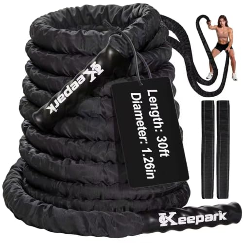 Battle Rope for Home Gym – 1.26 Inch 30FT Heavy Exercise Rope with Wear-Resistant Nylon Sleeve & Anchor Strap - size: 1.26 Inch x 30FT