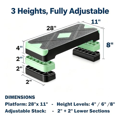 Aerobic Exercise Step Platform, 28-Inch Workout Aerobic Stepper, Height Adjustable Fitness Training Step Deck Trainer with 4 Risers, Non-Slip Surface Bench for Home Gym Cardio Strength 29" x 11.5" x 4" - color: Black-Green