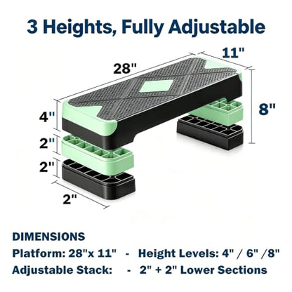 Aerobic Exercise Step Platform, 28-Inch Workout Aerobic Stepper, Height Adjustable Fitness Training Step Deck Trainer with 4 Risers, Non-Slip Surface Bench for Home Gym Cardio Strength 29" x 11.5" x 4" - color: Black-Green