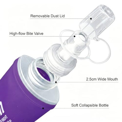 Soft Flask 480ml TPU Soft Water Bottle BPA-Free Collapsible for Hydration Pack Running Vest Jogging Hiking Cycling Camping (Purple) - color: Purple