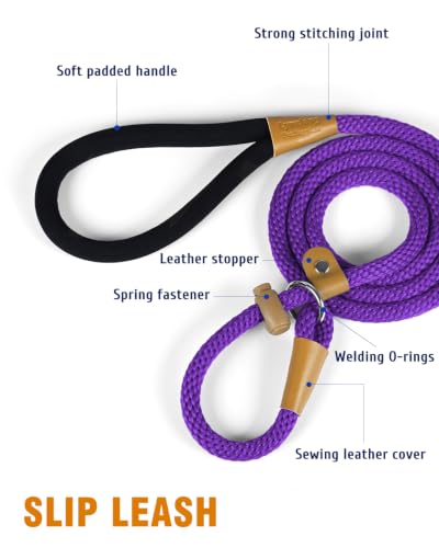Dog Leash Slip Lead Braided Rope Pet Training Loop Leashes 5ft 6ft 8ft - color: Purple