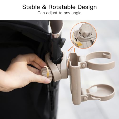 Gromast 2 in 1 Foldable Stroller Cup Holder + Phone Holder, 360°Rotatable with Adjustable Clip, Universal Cup Holder for Baby Stroller, Tricycle - Khaki - color: Khaki-2-in-1