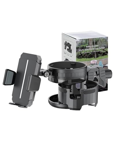 3-in-1 Universal Wheelchair Cup Holder for Walker, 360° Rotating Phone Holder with 2 Drink Holder for Bike, Rollator, Stroller, Scooter, Seniors, Bicycle, Safe and Stable, Black