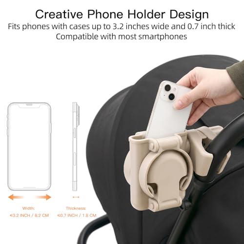 Gromast 3 in 1 Foldable Stroller Cup Holder with Phone Holder, 360° Rotatable Bottle Holder, Universal Cup Holder for Baby Stroller, Tricycle - Khaki - color: Khaki-3-in-1