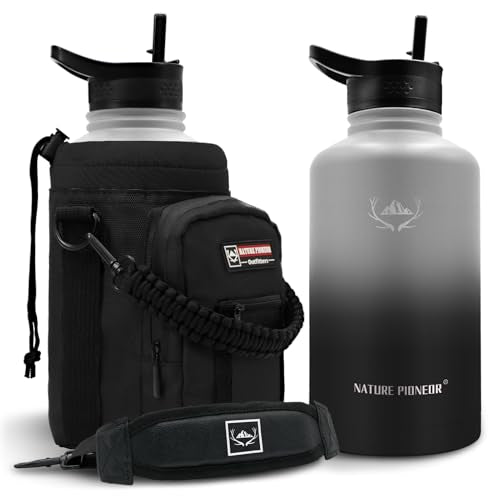 NATURE PIONEOR 64 oz Insulated Water Bottle with Carrier Bag & 3 Lids - color: Ash Grey, size: 64 Ounces