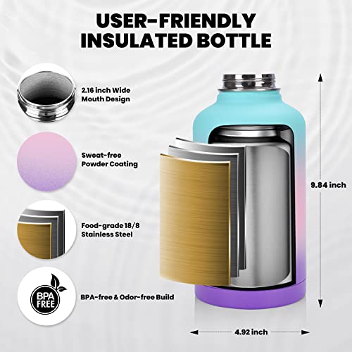 RAYMYLO Insulated Water Bottle 64 oz, Triple Wall Vacuum Stainless Steel - color: Green Pink Purple Gradient, size: 64 Ounces
