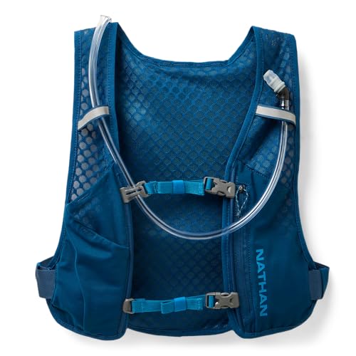 Nathan QuickStart Hydration Pack Vest with Bladder or flasks, Storage Pockets, Breathable Moisture-Wicking Fabric, Adjustable Straps for Running, Hiking, Walking, Marathons, Obstacle Races - color: 1.5L Bladder Sailor Blue/Deep Blue, size: 4L Storage