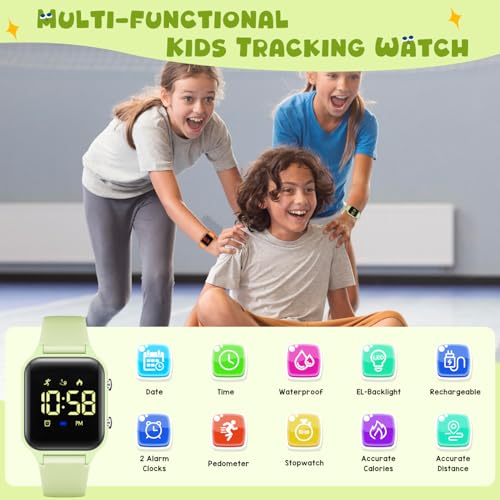 Kids Digital Watches for Boys Girls, Sports Watch with Fitness Tracker, Pedometer, Alarm Clocks, Stopwatch, No App Needed Waterproof Kids Watch, Gift for Teens Student Girls Boys Ages 5-14 - color: L6615E-GrayishGreen