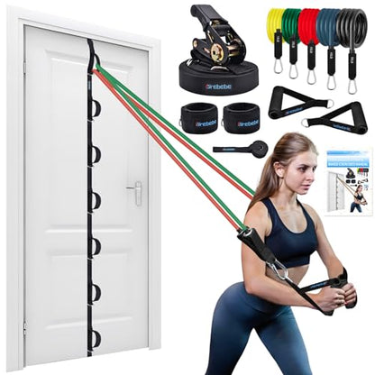 Brebebe Upgrade Door Anchor Strap for Resistance Bands Exercise, Multi Points Anchor Straps with 7 Loops+ 7 D Rings, Home Gym Workout Equipments with Ratchet Adjust Tighten Straps Not Loose, Sturdy - style: Door Anchor+Resistance Bands Set