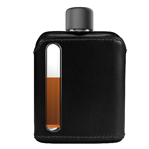 Ragproper Modern Glass Hip Flask - Durable Leather Covered Flask for Whiskey, Spirits, & Other Liquor - Ideal Glass Flask for Men & Women (Single Shot 100ml, Leather Black) - color: Leather Black, size: Pocket Flask 3.4 oz