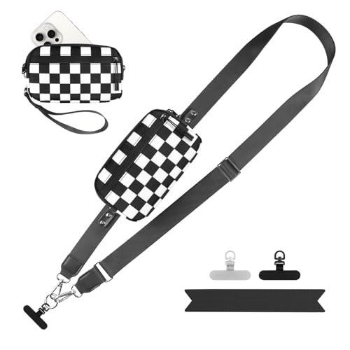 YFWE Clip and Go Strap for Phone with Wallet Crossbody, Adjustable Phone Lanyard with Detachable RFID Wristlet Wallet, Phone Strap with Phone Tabs for All Phones, Black Checkered (L) - color: Black Checkered, size: Large