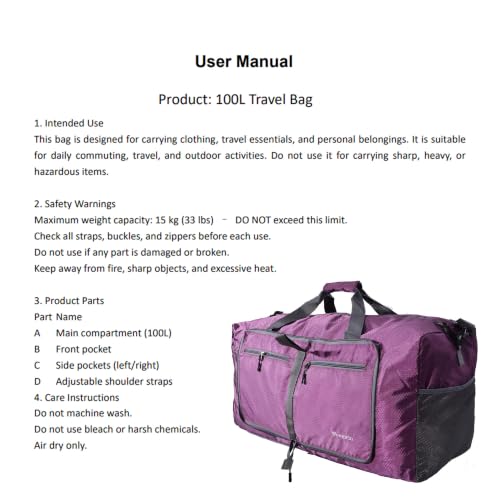 Woogwin Travel Duffel Bag Large Foldable Waterproof Overnight Bag for Beach Swim Bags Pool Sports Gym - color: 100L Purple