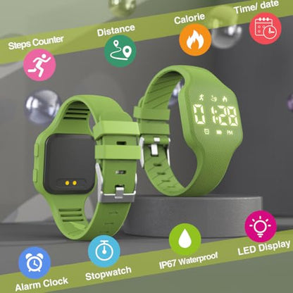 Kids Led Activity Tracker Tracker Watch for Ages 5-15, No App Required, Digital Sport Wristwatch, Waterproof, Pedometer, Alarm Clock, Silicone Strap, for Teens Children Students Boys Girls - color: Green