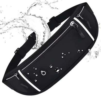 Slim Running Belt for Women & Men with Quick-Dry Pockets & Night Reflective. Adjustable Waist Pack for Phone, Keys, Cards, and Cash.
