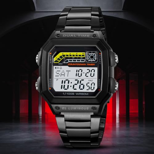 PASOY Men's Digital Sport Watch Waterproof Dual Time Stopwatch Countdown - color: Black B