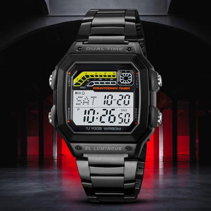 PASOY Men's Digital Sport Watch Waterproof Dual Time Stopwatch Countdown - color: Black B