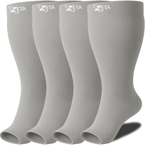 Zeta Wear Plus Size Compression Socks for Women and Men, Wide Calf Knee-High 15-19 mmHg Graduated Support, Easy-On Cuff, Fits Calves to 26 inch / 66 cm - color: 4 Pair - Gray, size: 3XL