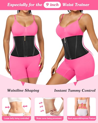 Women Waist Trainer Cincher 3 Straps Tummy Control Body Shaper - color: Black - 9 Inch - 9 Steel Bones - Hook & Zipper, size: Small