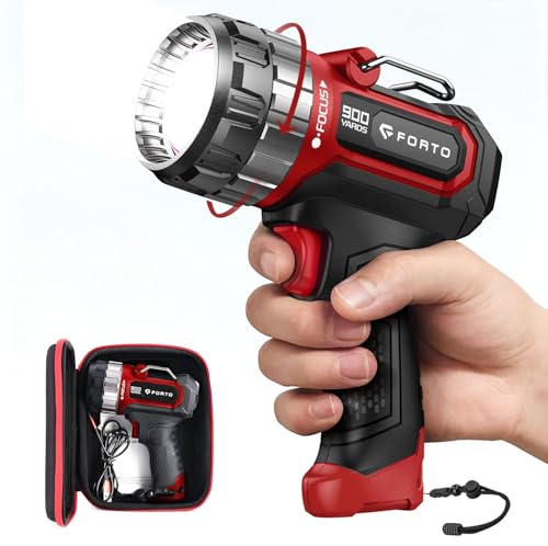 FORTO Rechargeable Spotlight 1400 Lumens – Zoomable Handheld LED Flashlight, 8H Battery, 2700ft Beam, Adjustable Focus & Stand for Camping Hunting Emergency – Great Gift - color: Red