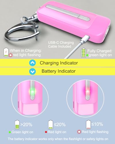 Personal Alarm for Women, Rechargeable with Safety Lights & Low Battery Notice, 130dB Siren with LED Flashlight Strobe Light for Emergency, Dual Light Sources Safety Keychain - color: pink