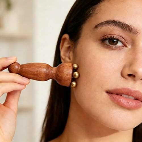 2Pcs Facial Tool for Eye Mini Ice Roller, Sandalwood Facial Tool, 5 Copper Beads for Face and Eyes, Travel Size - color: Brown
