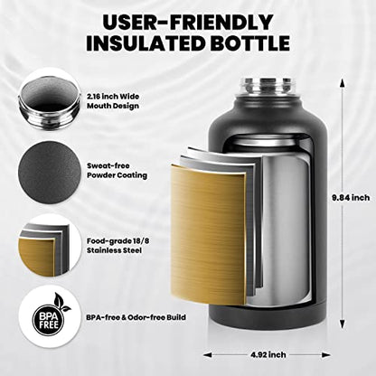 RAYMYLO Insulated Water Bottle 64 oz, Triple Wall Vacuum Stainless Steel - color: Magic Black, size: 64 Ounces