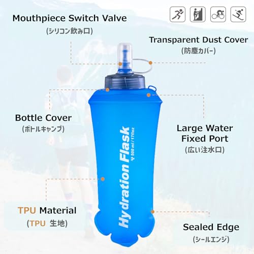 Azarxis TPU Soft Flask Collapsible Water Bottles BPA-Free 250ml 350ml 500ml for Hydration Vest Pack Running Hiking Cycling Climbing - color: 500ml / 16.9oz - 2 Pack - Blue