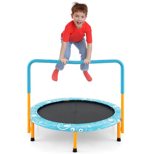 GYMAX Indoor Trampoline, 36” ASTM Approved Kids Trampoline with Removable Handrails & Safety Pad, Spring-Free Folding Mini Rebounder, Small Fitness Trampoline for Toddler/Adults - color: Light Blue