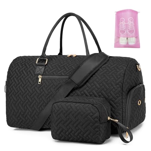Duffle Bag for Travel, Weekender Bag with Shoe Compartment, Carry On Overnight Bag for Women with Toiletry Bag, 50L Gym Bag with Wet Pocket, Hospital Bags for Labor and Delivery Pink - color: Black