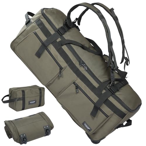 STOVER 45/80/100L U-Zip Rolling Duffel Bag with Wheels, Voyager Series X-Large Durable Travel Duffle + Toiletry Bag, Lay-Flat Opening, Packable w/Shoulder Straps- Use as Luggage or Backpack (Green) - color: U-Zip Voyager Green