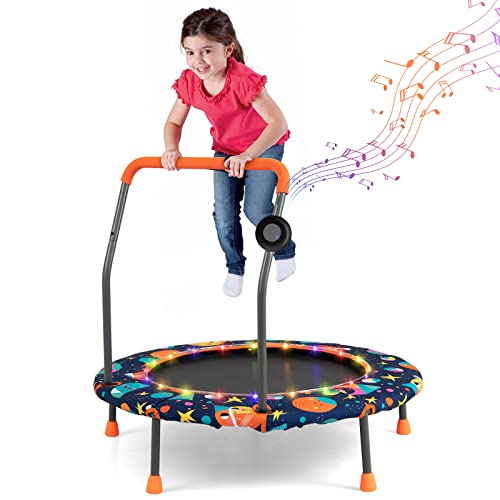 GYMAX Trampoline for Kids, 36” Toddler Mini Rebounder with Lights & Music, Removable Blue Tooth Speaker, Handle & Safety Pad, ASTM Approved Indoor Outdoor Small Kids Trampoline - style: Astral Sky
