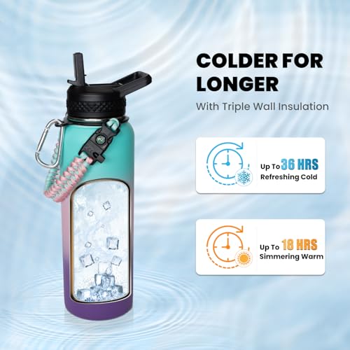 RAYMYLO Insulated Water Bottle 40 oz, Triple Wall Vacuum Stainless Steel - color: Green Pink Purple Gradient, size: 40 Ounces