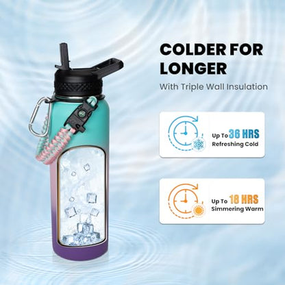 RAYMYLO Insulated Water Bottle 40 oz, Triple Wall Vacuum Stainless Steel - color: Green Pink Purple Gradient, size: 40 Ounces