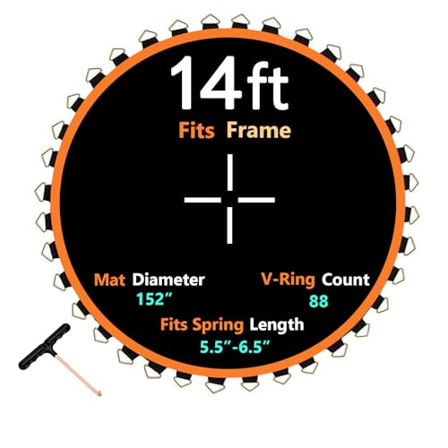 Trampoline Mat Replacement, Dia:152", Fits 14ft Frame, with 80/72/88 V-Rings for Choose and Spring Tool, Fits 5.5" Springs, Reinforce, UV-Resistant - size: 152" Diam | 88 V-Rings | Fits 5.5" SpringsLength