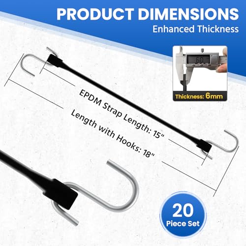 ROBLOCK 15" (20 Packs) Bungee Cords with Hooks Rubber Tarp Straps with 150% Max Stretch, 100% EPDM Bungee Cords with Metal Crimped S Hooks, Ideal for Securing Tarps, Cargo, Canvases, Weatherproof - size: 15 Inch (20 Packs)