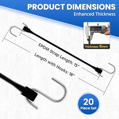ROBLOCK 15" (20 Packs) Bungee Cords with Hooks Rubber Tarp Straps with 150% Max Stretch, 100% EPDM Bungee Cords with Metal Crimped S Hooks, Ideal for Securing Tarps, Cargo, Canvases, Weatherproof - size: 15 Inch (20 Packs)