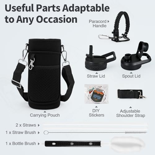 WixByti 32 oz Insulated Water Bottle with Straw, Stainless Steel Water Jug - color: Black, size: 32 Ounces