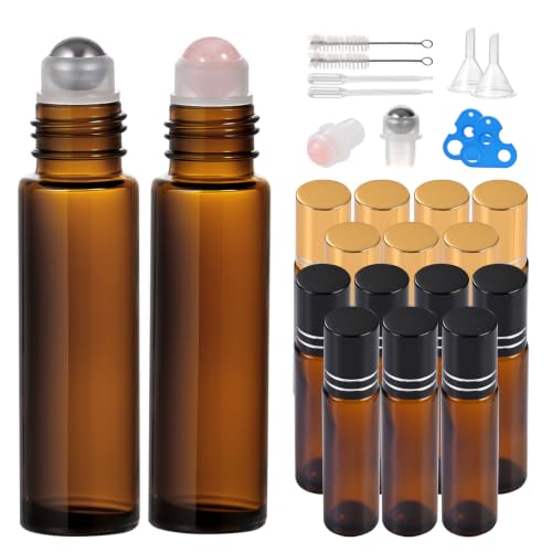 16 Pack 10ml Empty Roller Bottles,Amber Glass Roller Bottles Set