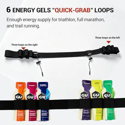 Race Bib Belt for Marathon Trail Running- Adjustable Hooks,6 Gel holders