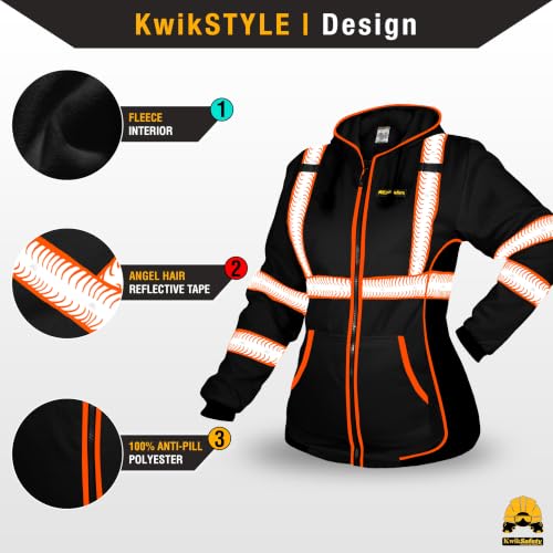 KwikSafety Women's Fleece Safety Hoodie Class 3 ANSI OSHA PPE - color: Black, size: Large