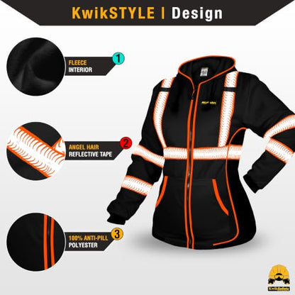 KwikSafety Women's Fleece Safety Hoodie Class 3 ANSI OSHA PPE - color: Black, size: X-Large