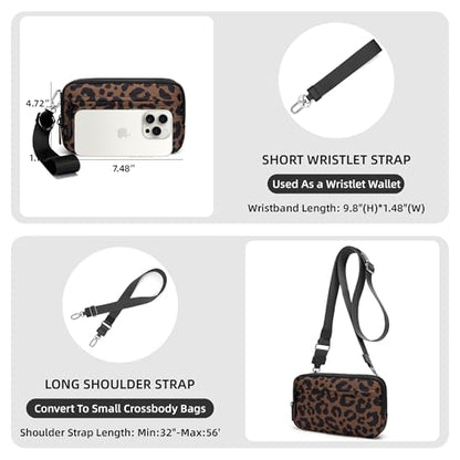 FODOKO Wristlet wallets for Women RFID crossbody bags with 4 Zippers - color: Brown Leopard