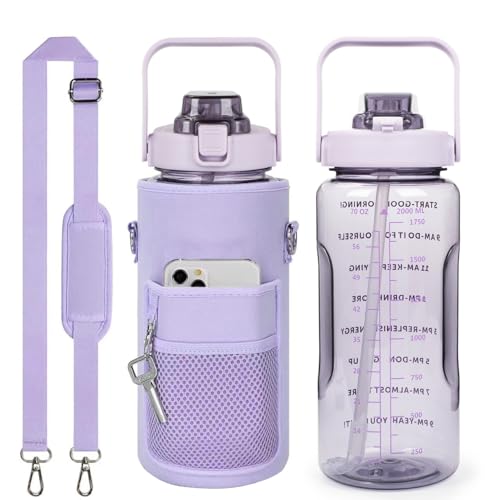 Half Gallon Water Bottle with Sleeve, 64OZ Motivational Water Bottle - color: Pure Purple
