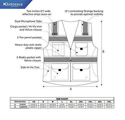 Kolossus High Visibility Safety Vest Front Pockets Silver Orange Reflective Tape for Men and Women Class 2 - size: X-Small