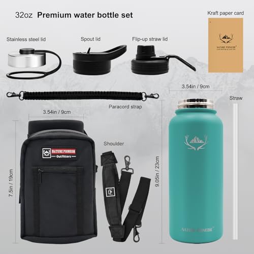 NATURE PIONEOR 32 oz Insulated Water Bottle with Carrier Bag & 3 Lids - color: Pine Green, size: 32 Ounces