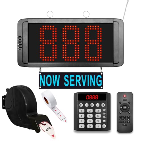 Wireless Take a Number System, 3-Digit LED Now Serving Display with Keypad Caller, Ticket Dispenser (2000 Tickets 000-999 2 Cycles) for Restaurant Bank Clinic Salon DMV Waiting Line Management
