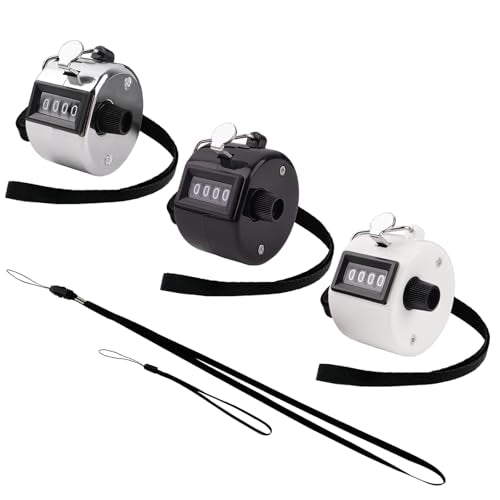 BGJRBY 3 Pack Hand Tally Clicker Counter 4 Digit Display Mechanical Palm with Metal Finger Ring for Coaching, Knitting, Lap, Fishing, Golf and Row Sport with 2-Nylon Lanyard (Black White Silver)
