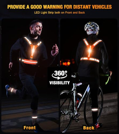 LED Reflective Vest Running Gear Set,USB Rechargeable Light Up Running Vest for Runners Night Walking with Waterproof Phone Bag,High Visibility Armband,Adjustable Waist&Shoulder for Men Women - color: Orange