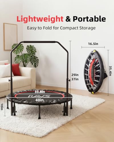 RAVS 40"/48" Foldable Mini Trampoline with Adjustable Handle for Adults - color: Dark Black, size: 48 inch